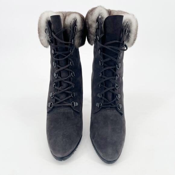 Manolo Blahnik Y2K Oklamod Dark Taupe Suede Fur Trim Lace Up Ankle Boots IT 38 - Picture 5 of 11